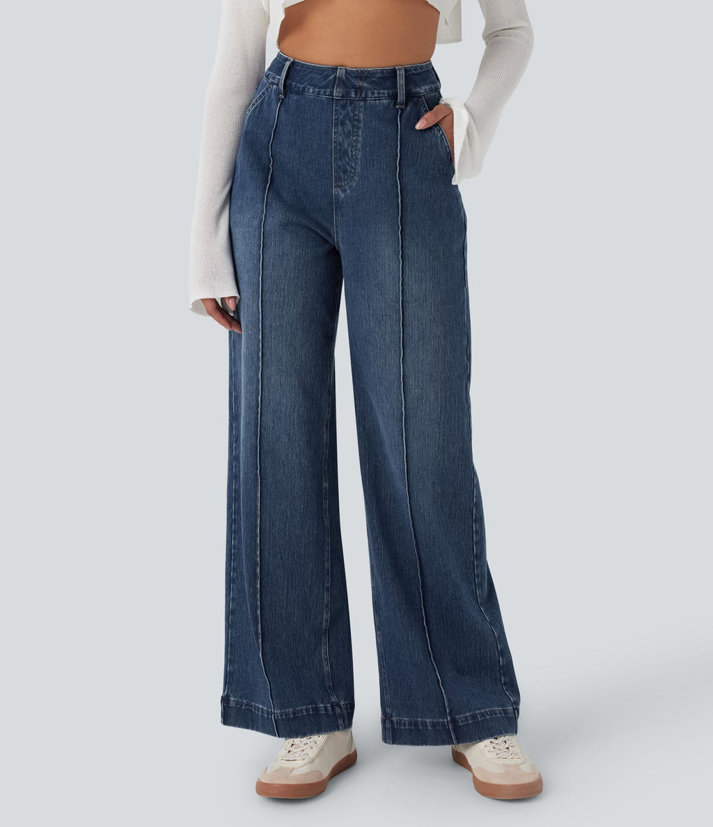 Jean décontracté Halara Flex™ taille haute jambe large délavé avec poches