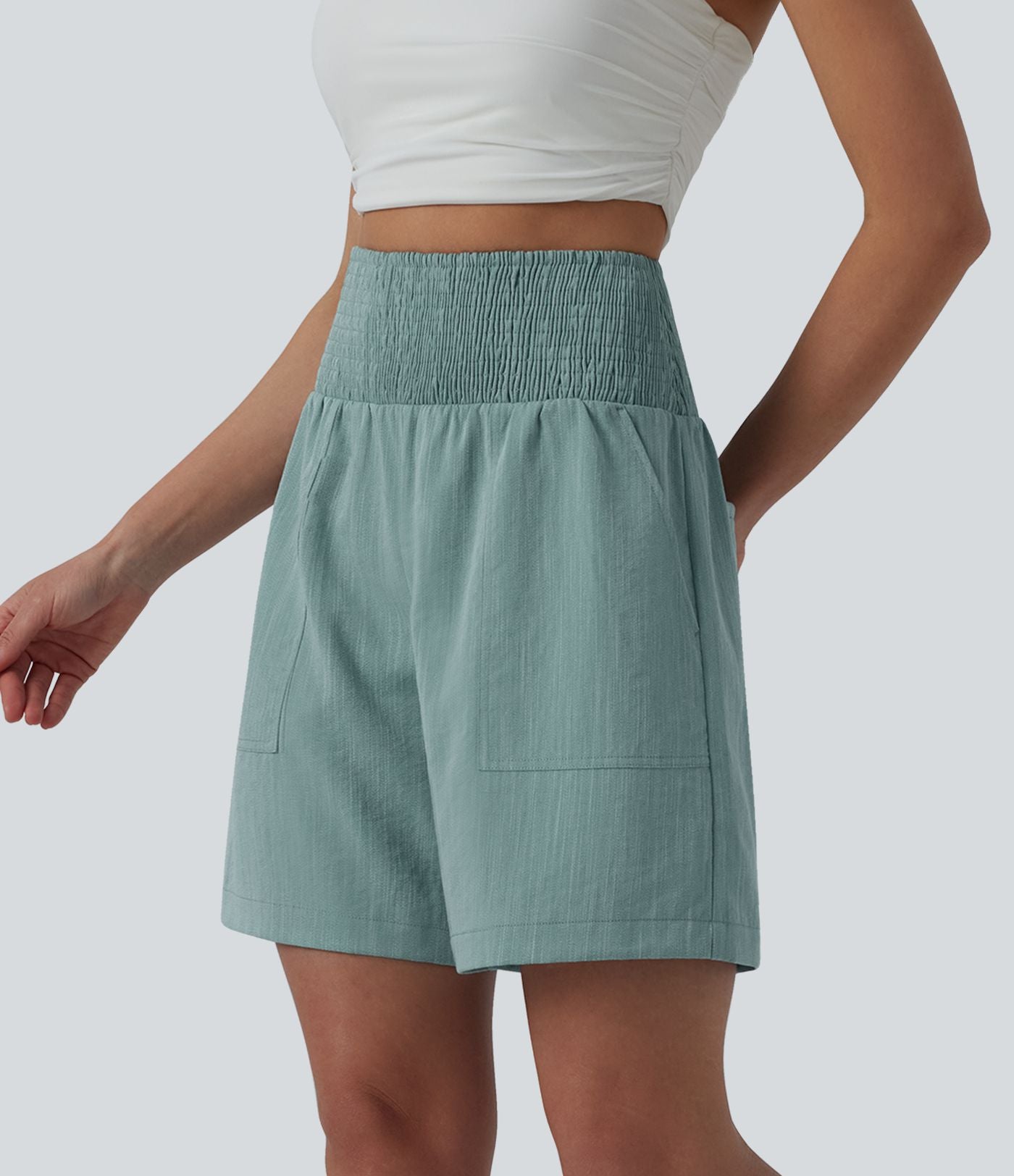Bermuda casual aspect lin taille haute avec fronces 17,5 cm avec poches