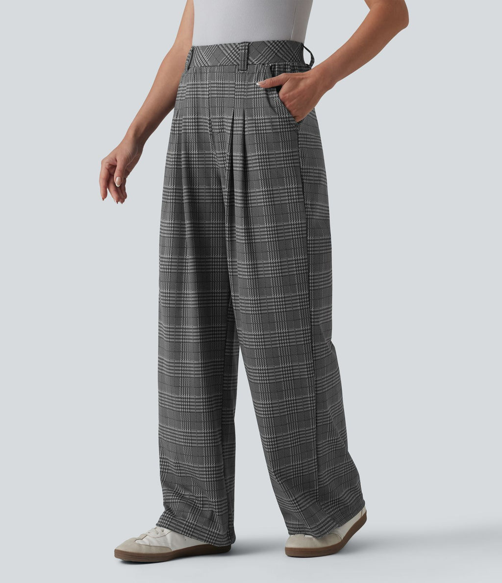 Pantalon large taille haute à carreaux pied-de-poule avec poches