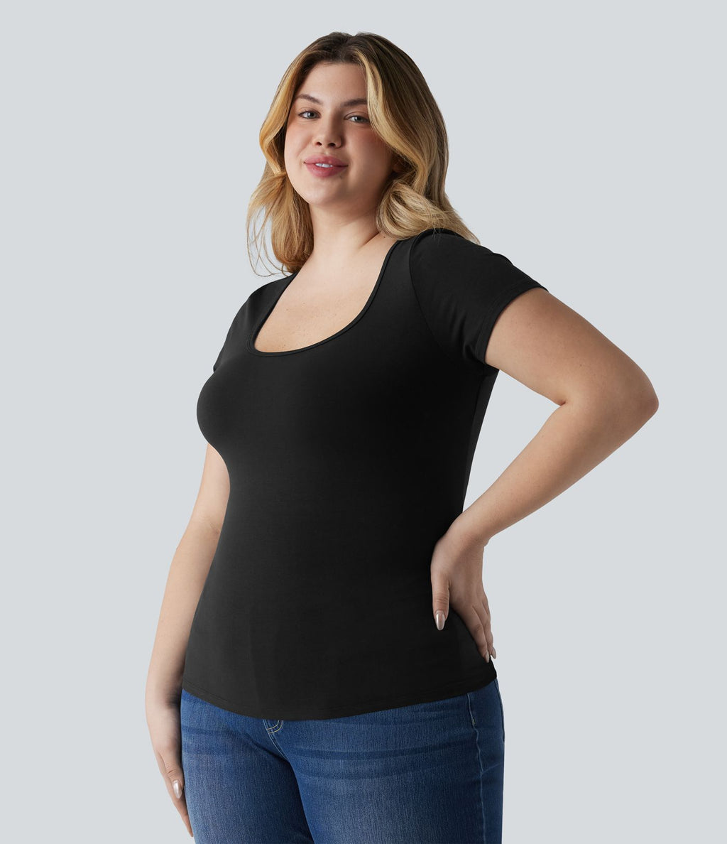 T-shirt Halara grande taille décontracté en jersey de coton coupe ultra-ajustée effet chiné, col carré, manches courtes