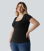 T-shirt Halara grande taille décontracté en jersey de coton coupe ultra-ajustée effet chiné, col carré, manches courtes