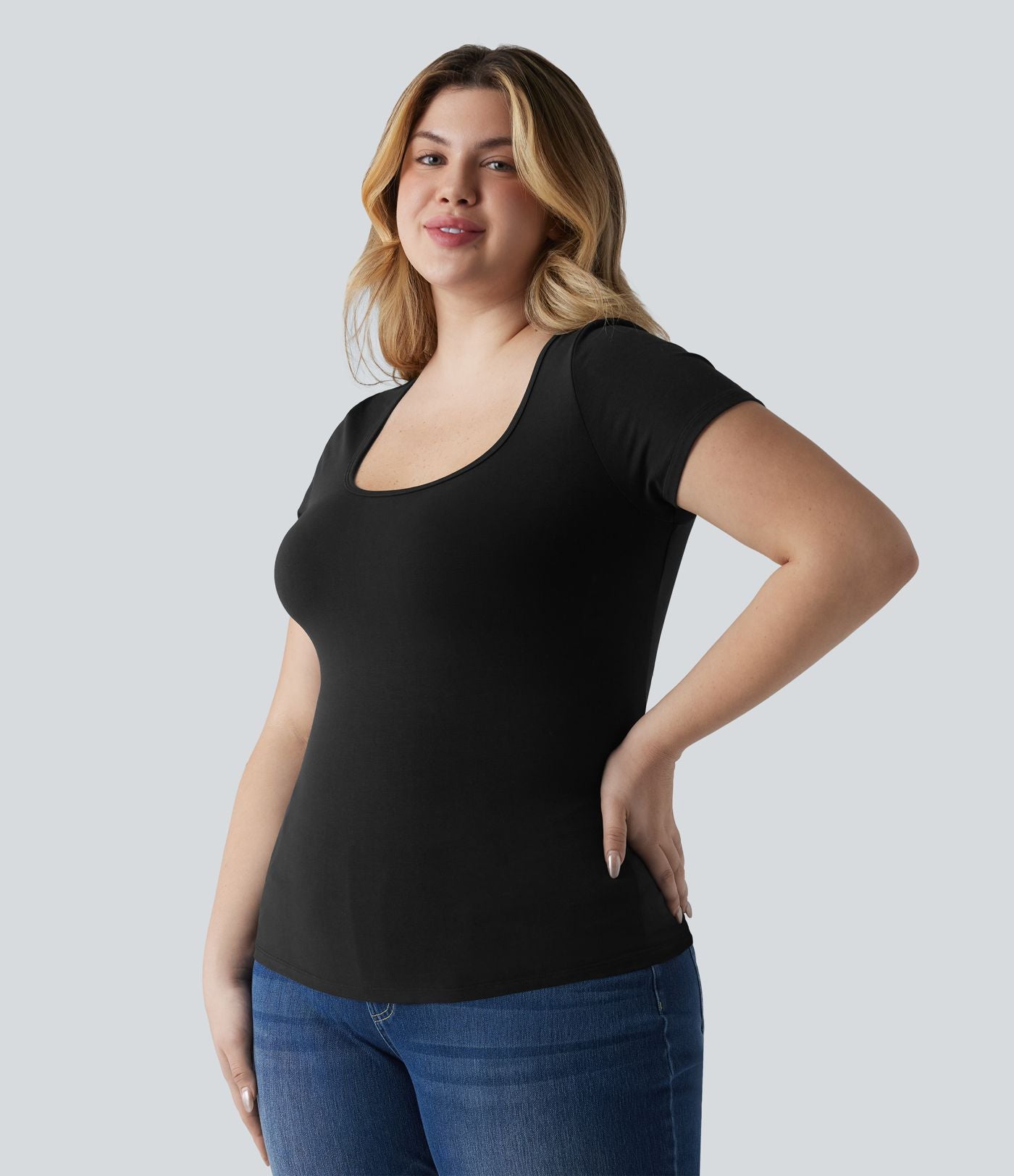 T-shirt Halara grande taille décontracté en jersey de coton coupe ultra-ajustée effet chiné, col carré, manches courtes