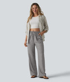 Pantalon décontracté ample rayé taille mi-haute avec cordon de serrage et poches