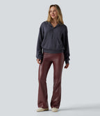 Pantalon évasé décontracté taille haute en tissu enduit doublé polaire extensible avec poches