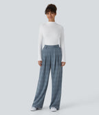 Pantalon taille haute décontracté large à carreaux, avec poches