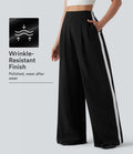 Pantalon large infroissable taille haute color block décontracté aspect lin avec poches