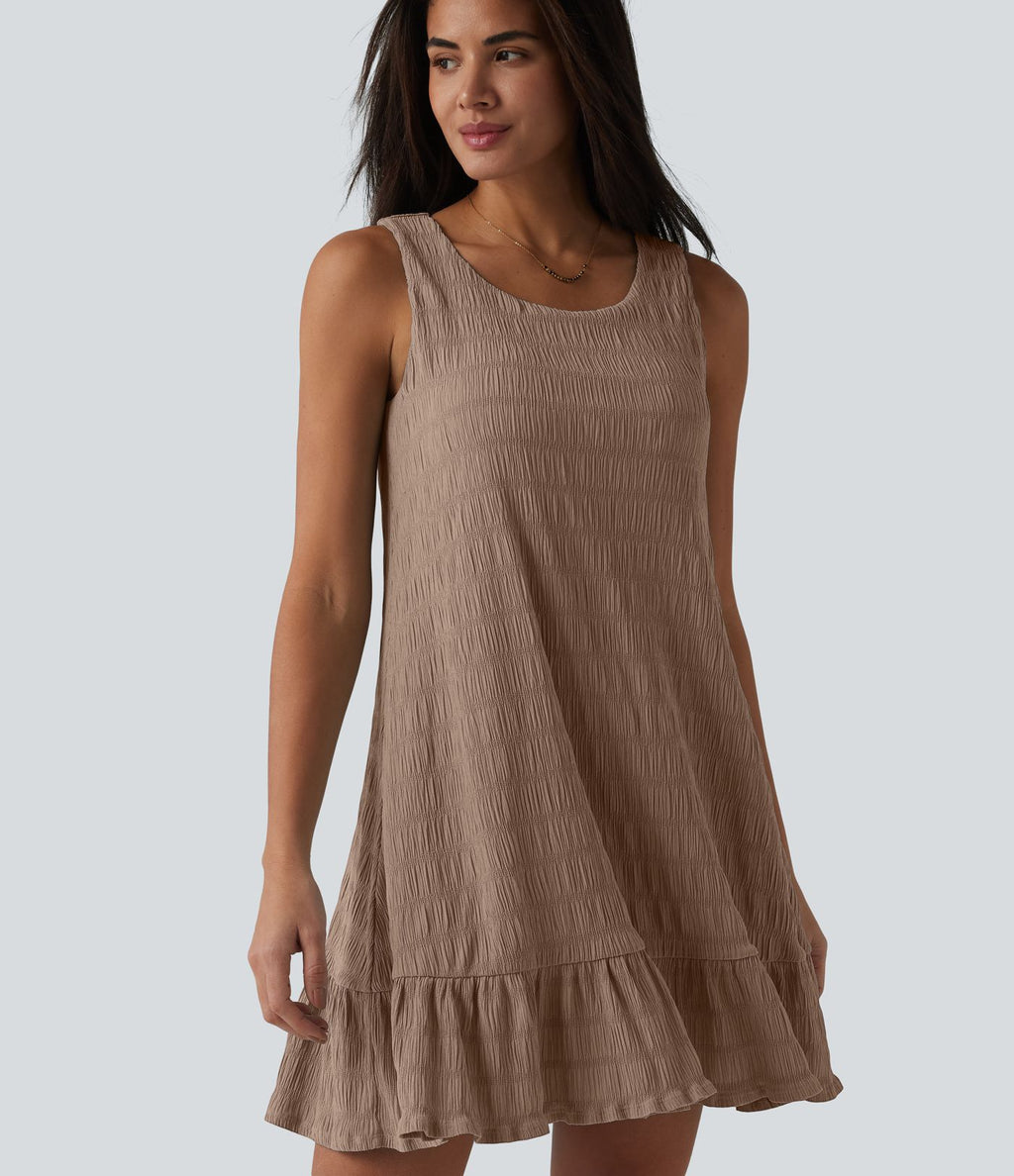 Robe courte décontractée sans manches à col rond, soutien-gorge intégré et ourlet à volants