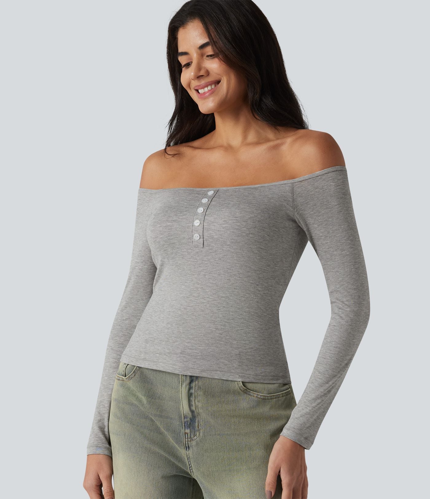 T-shirt casual ultra-ajusté côtelé épaules dénudées à manches longues avec soutien-gorge intégré