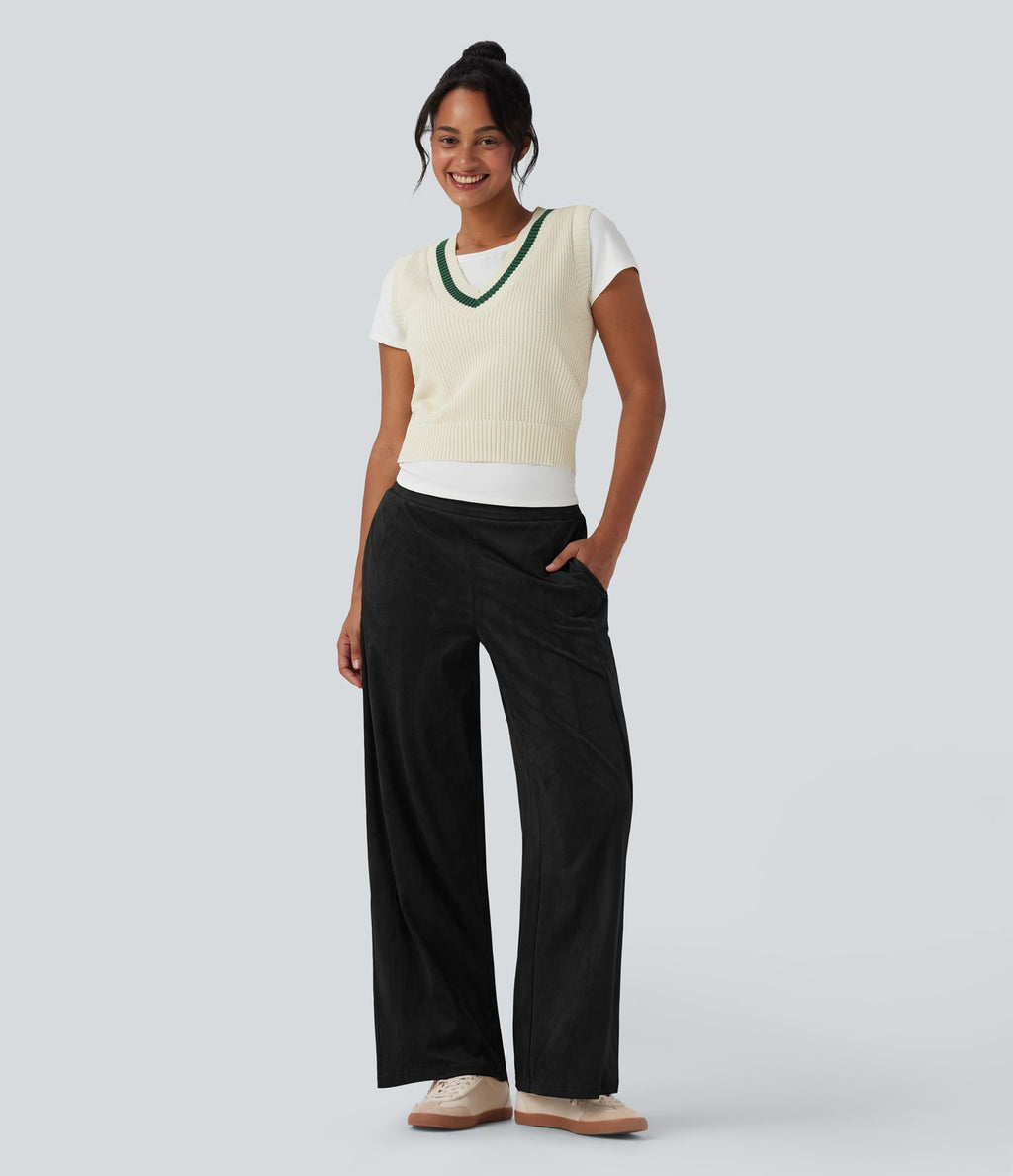 Pantalon ample décontracté suédine taille mi-haute avec poches