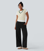 Pantalon ample décontracté suédine taille mi-haute avec poches