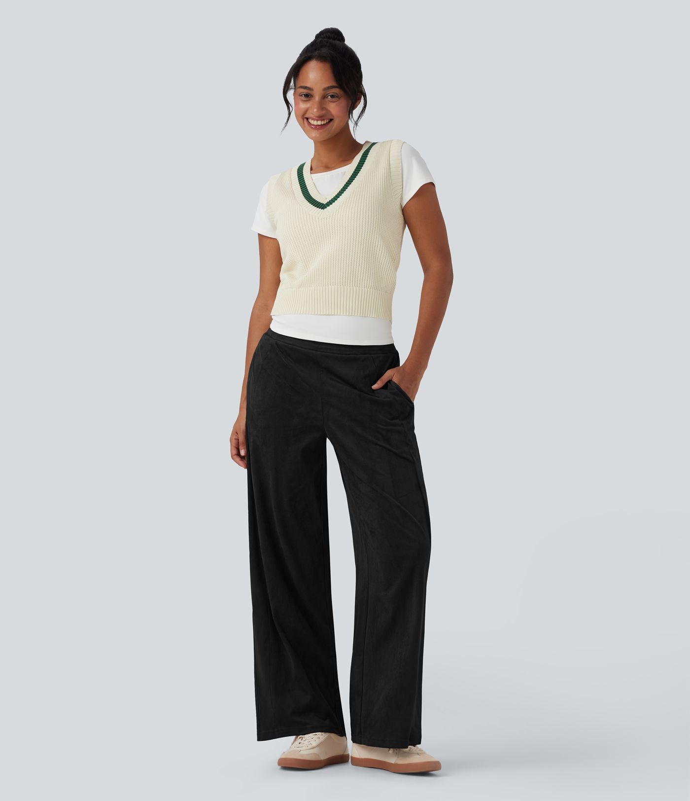 Pantalon ample décontracté suédine taille mi-haute avec poches