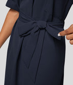 Robe-chemise décontractée à col, manches retroussables et ceinture