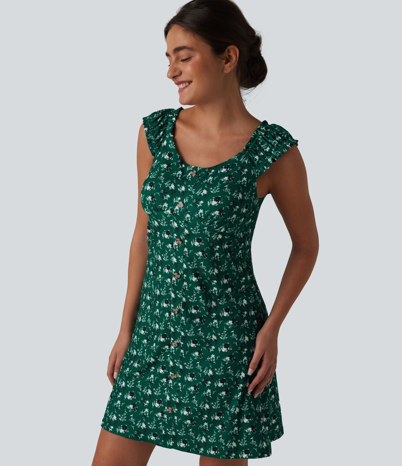Robe trapèze mini col U sans manches à volants imprimé floral avec soutien-gorge intégré