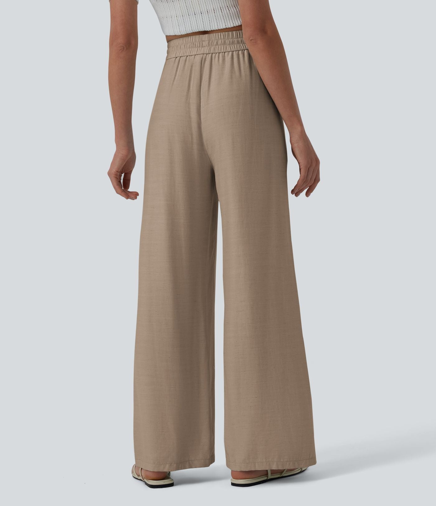 Pantalon casual large fluide mélange lin taille haute avec cordon de serrage et poches