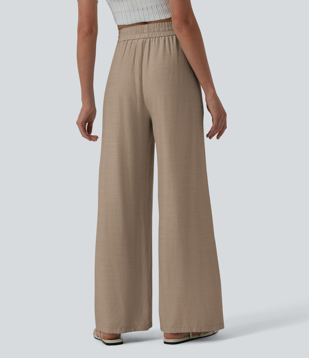 Pantalon casual large mélange lin taille haute avec cordon de serrage et poches