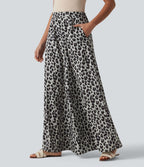 Pantalon large casual taille haute imprimé léopard, avec poches