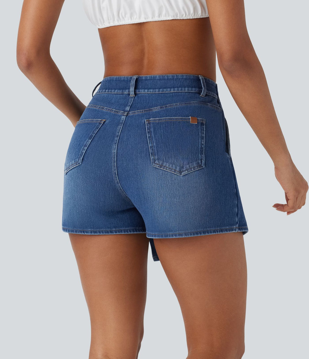 Halara Flex™ Short décontracté en jean extensible effet délavé à taille haute avec poches multiples et détail enveloppant