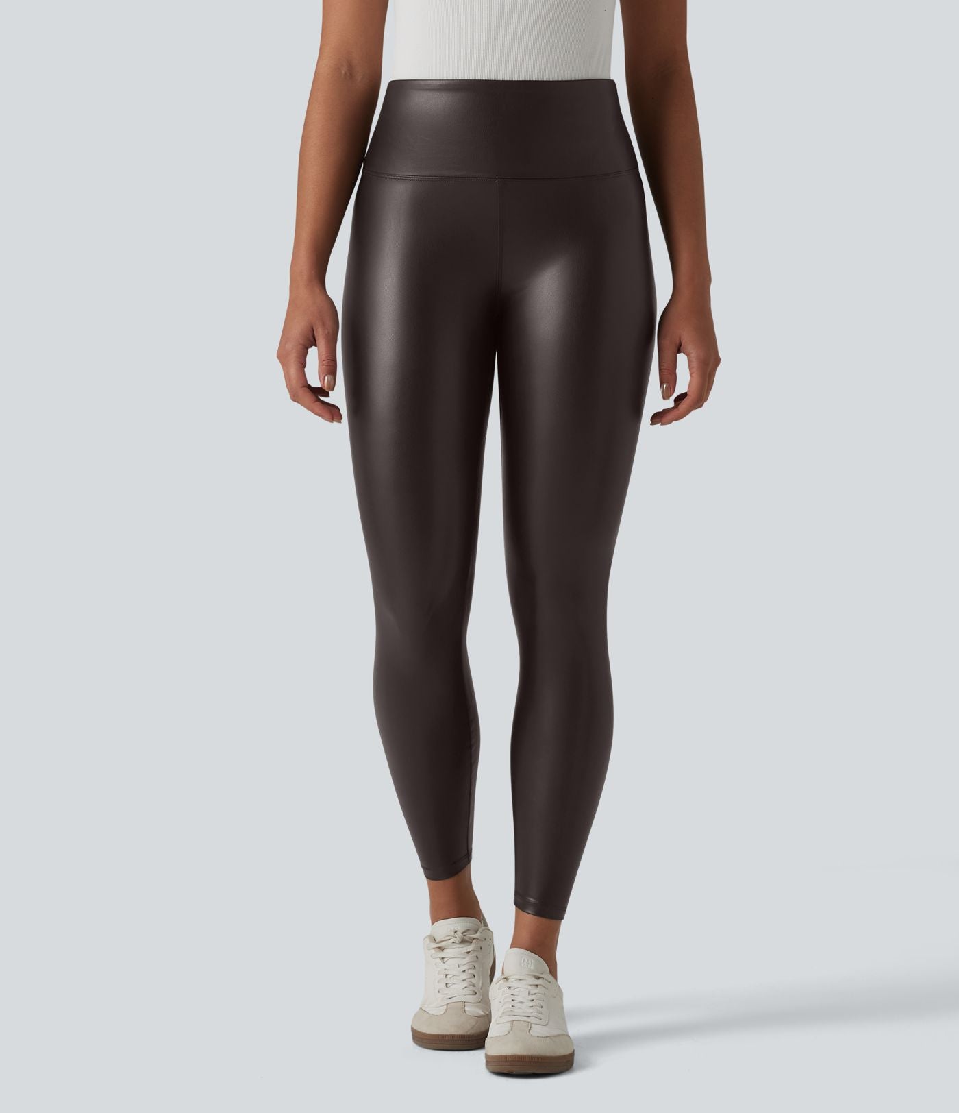 Legging casual 7/8 taille haute ventre plat en similicuir extensible, avec poches