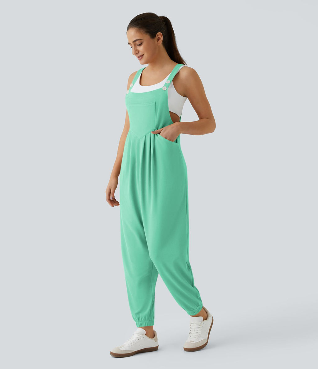 Salopette Casual Bretelles Ajustables Boutonnés Multiples Poches Plis et Tissu Gaufré