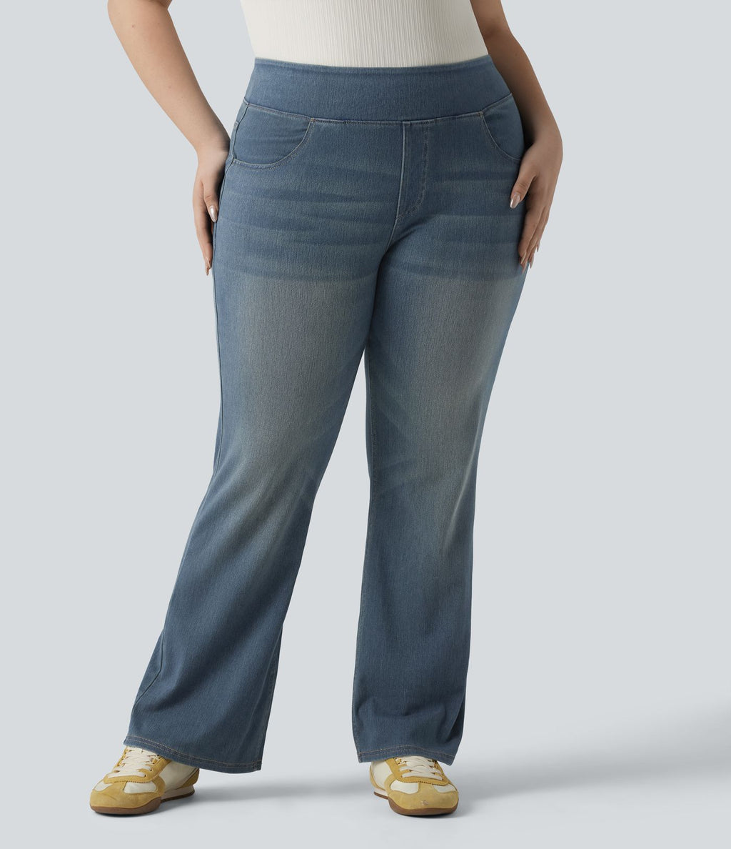 Jean décontracté Halara Flex™ grande taille bootcut taille haute en maille extensible délavée avec multiples poches