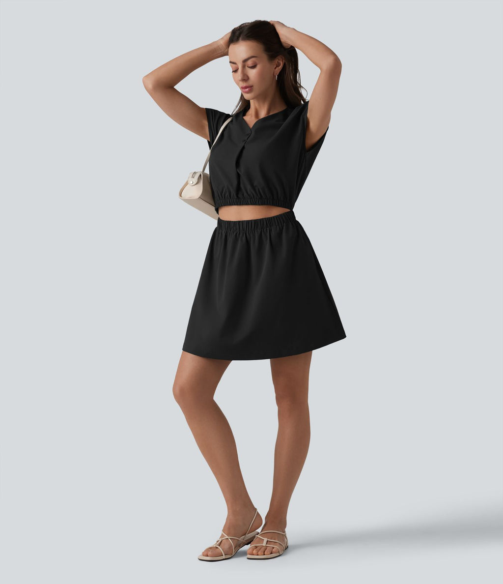 Robe col V manches courtes à découpes en popeline extensible avec poches