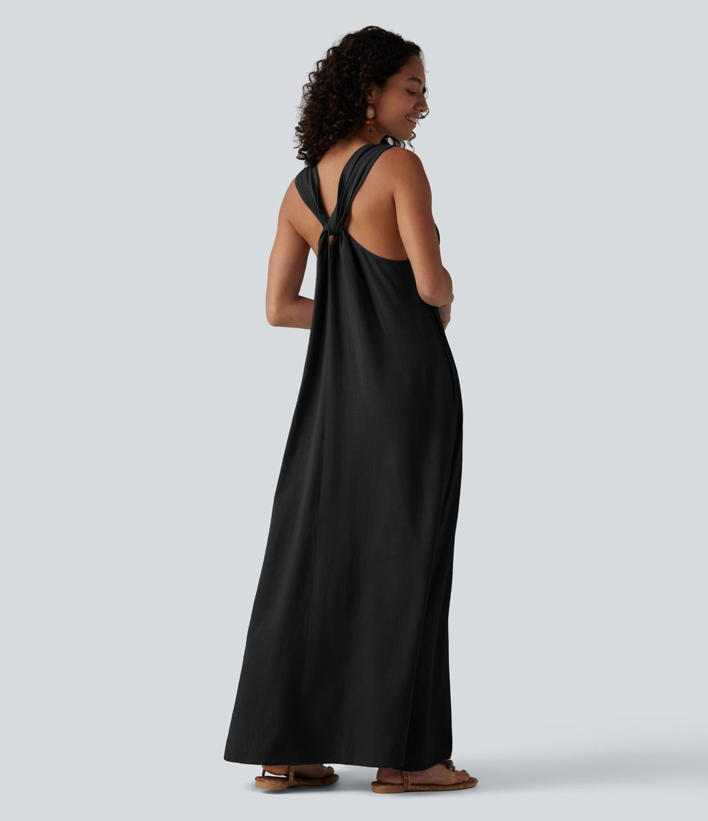 Robe maxi fluide de vacances en mélange de lin col U sans manches dos torsadé à poches