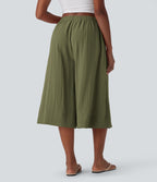 Pantalon fluide large taille mi-haute effet lin avec poche