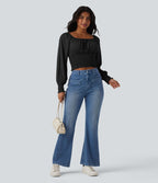 Blouse casual froncée à col carré et manches bouffantes
