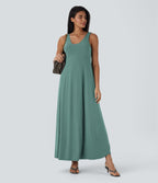 Robe longue à bretelles avec col U, dos nu, fente et coupe fluide