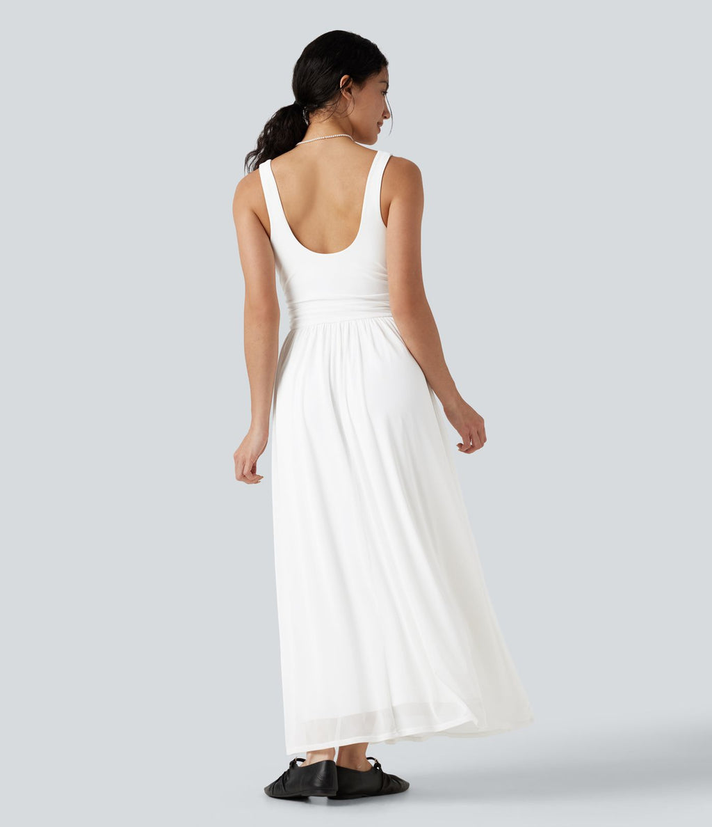 Robe maxi fluide sans manches à encolure U, superposition en mesh, poches et coussinets amovibles
