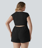 Combishort grande taille SoftlyZero™ Airy de yoga effet frais InstantCool col U à manches courtes couvrantes, avec poches, accès facile Easy Peasy