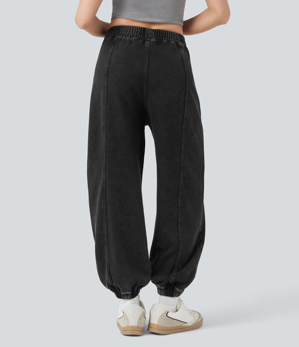 Pantalon jogging coton molleton français délavé taille mi-haute avec poches