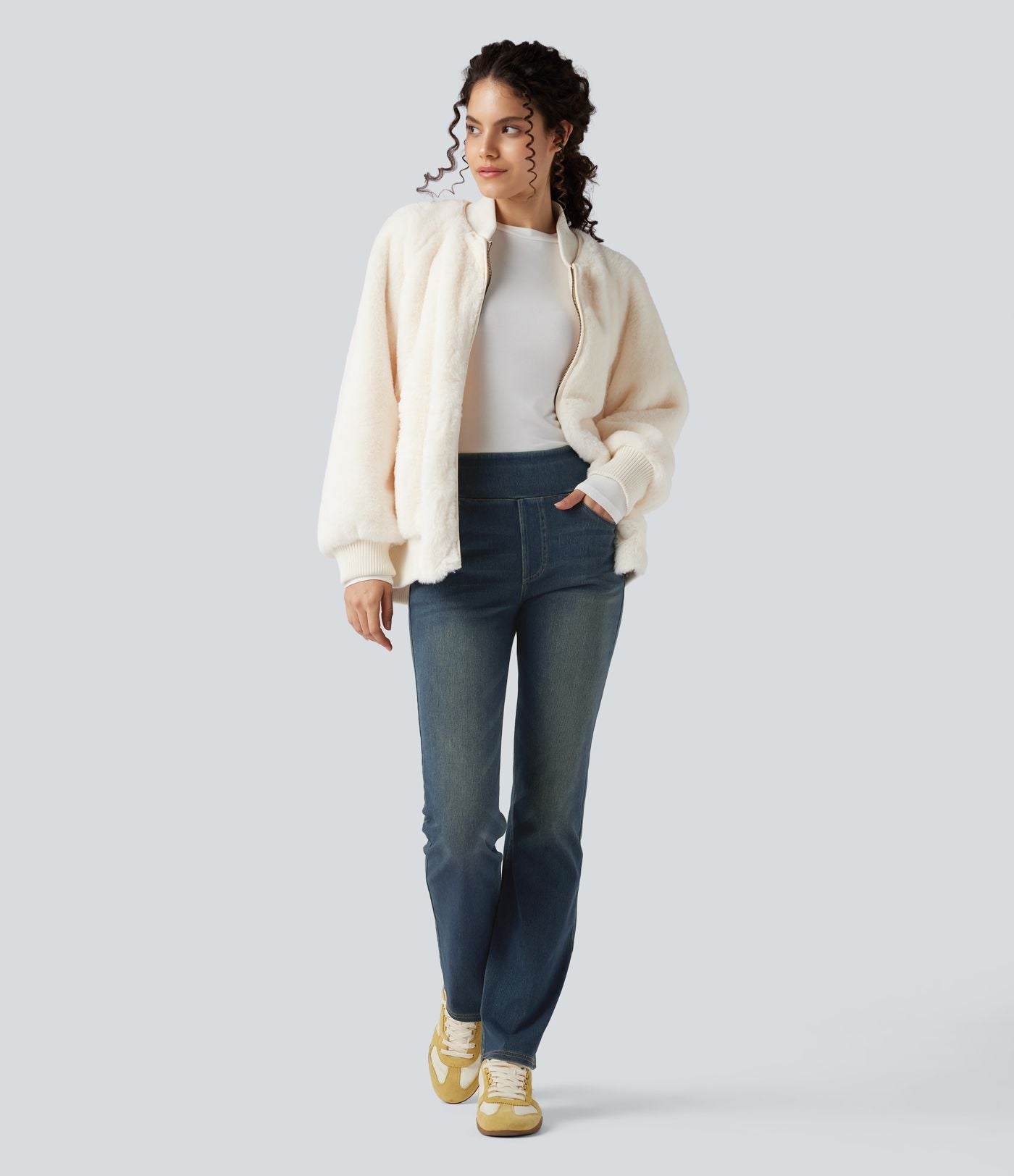 Halara Flex™ Jean bootcut décontracté extensible délavé taille haute à poches multiples