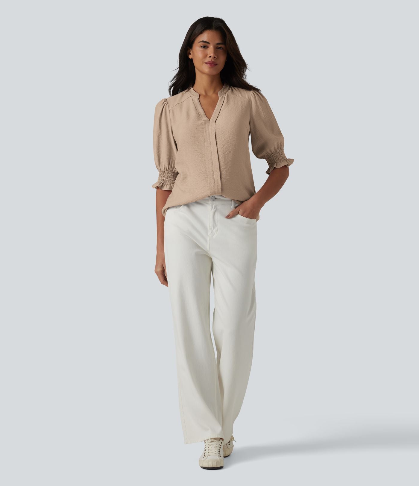 Blouse décontractée à col en V et manches courtes bouffantes