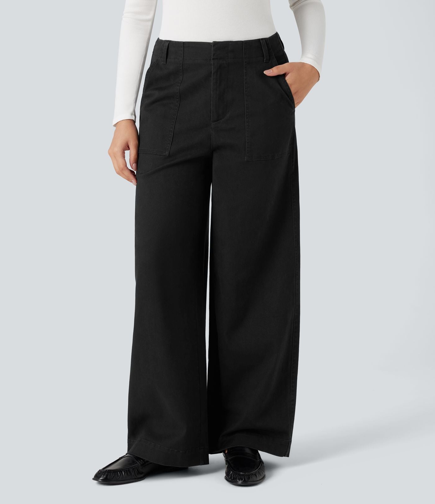 Pantalon chino coton jambes larges taille mi-haute avec poches