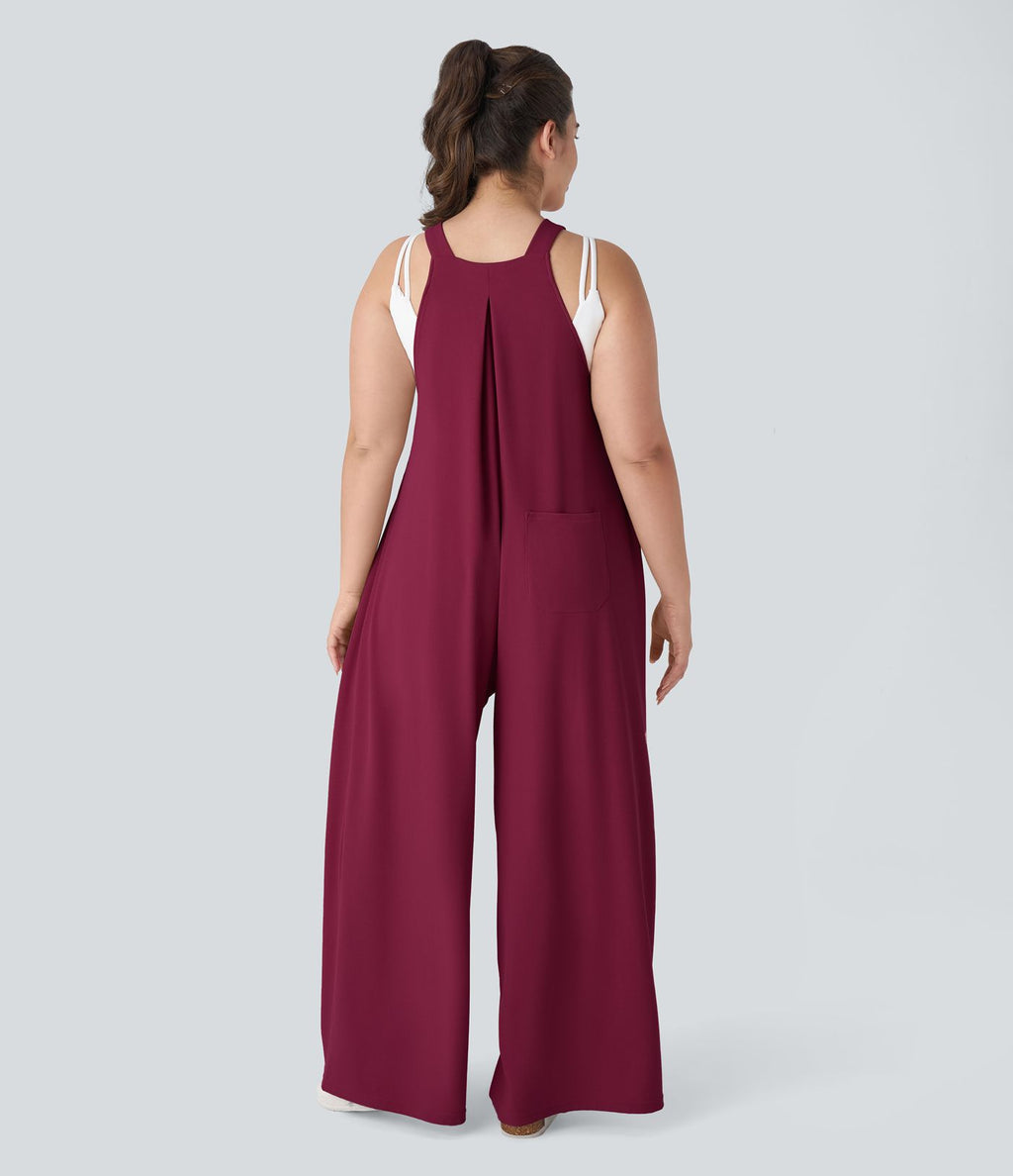 Salopette Casual Grande Taille en Gaufré avec Bretelles Ajustables Boutons et Poches Multiples