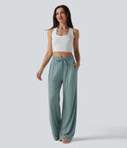 Pantalon large décontracté taille mi-haute avec cordon de serrage et poches