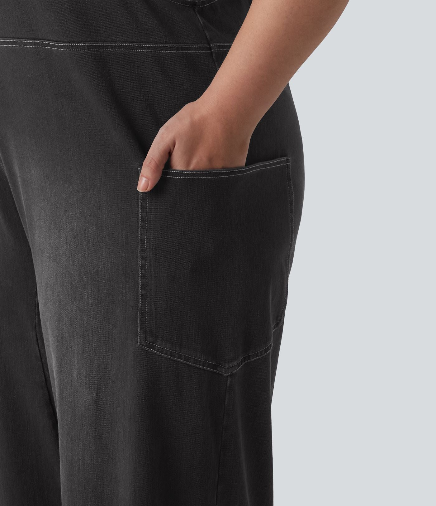 Salopette décontractée Halara Flex™ grande taille en maille denim extensible délavée col V avec poches