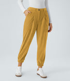 Pantalon décontracté en velours côtelé avec taille mi-haute, boutons et fermeture éclair