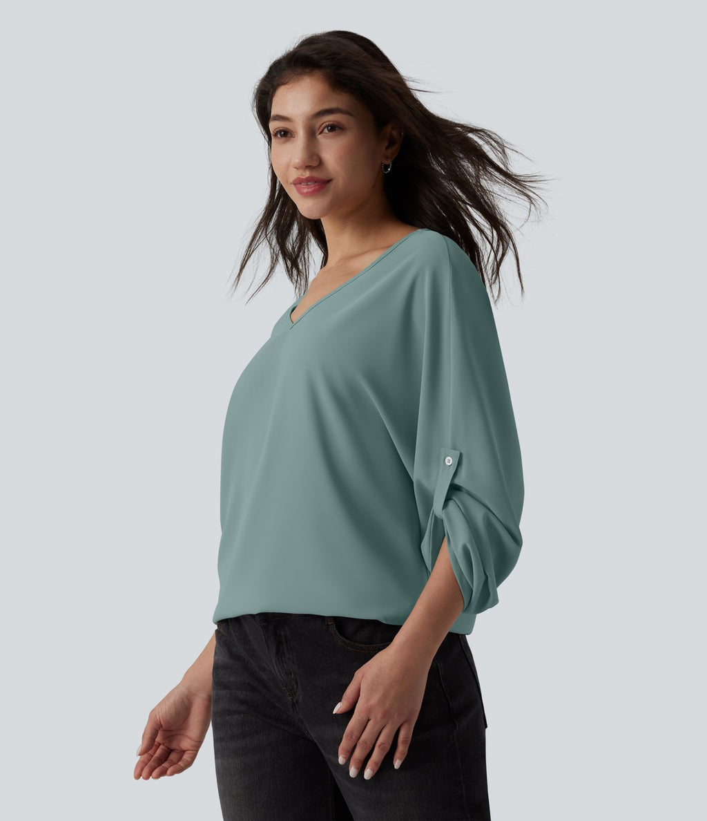 Blouse esprit bureau défroissage facile, col V et manches longues