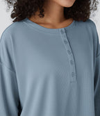Sweatshirt Casual Waffle à Boutons Devant avec Trou Pouce et Fente
