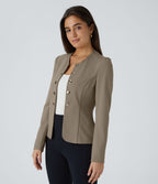Blazer tailleur ajusté à col rond, manches longues avec boutons décoratifs