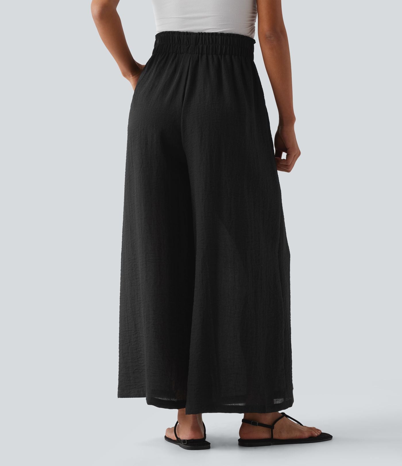 Pantalon fluide ample décontracté taille haute avec poches