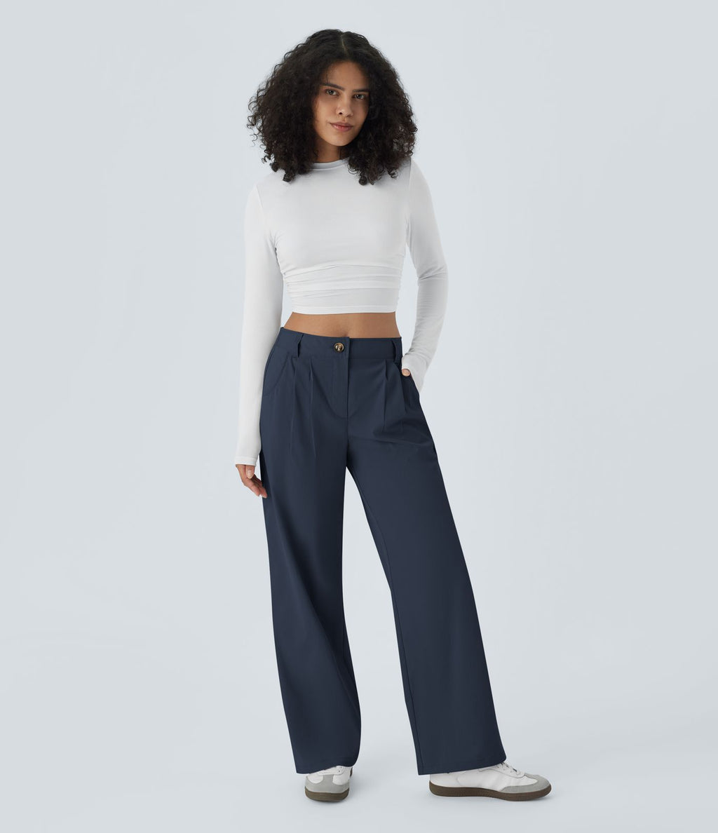 Pantalon décontracté droit taille moyenne à bouton, fermeture éclair et poches latérales