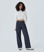 Pantalon décontracté droit taille moyenne à bouton, fermeture éclair et poches latérales
