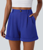 Short décontracté gaufré à taille haute, fermeture zippée, bouton et poches latérales