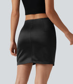 Jupe mini moulante 2-en-1 en satin, taille haute, fronces et ourlet croisé