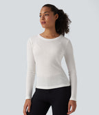 T-shirt décontracté maille côtelée semi-transparent col rond manches longues