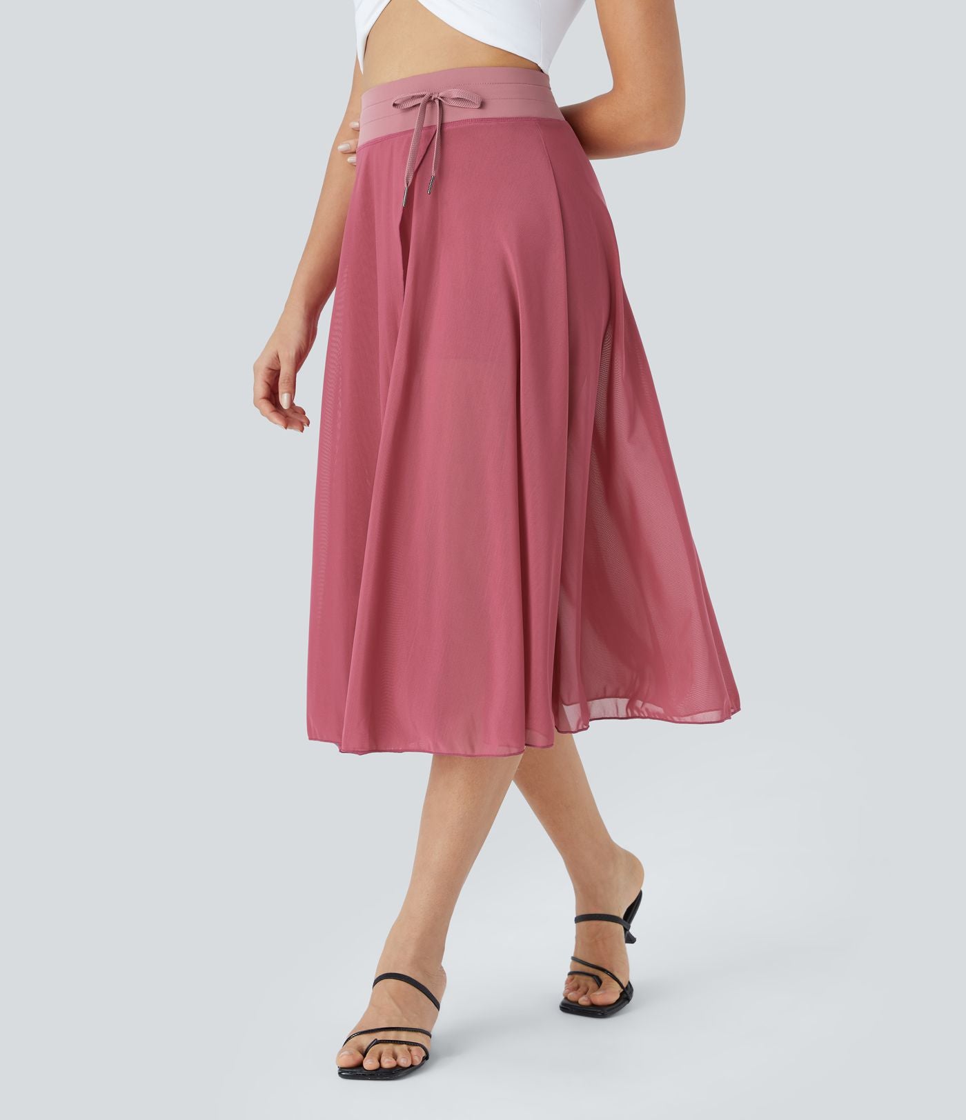 Jupe Casual Évasée Mesh Mi-Longue Fuide 2 en 1 Contrastée Taille Haute Cordon Poche Latérale
