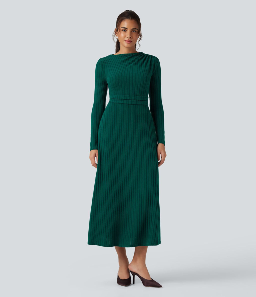 Robe mi-longue côtelée manches longues avec poches